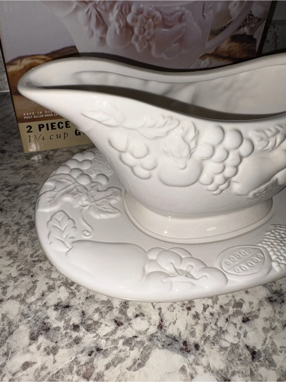 Vintage 1997 Gibson White Fruitful Embossed 1 3/4 Gravy Boat with Saucer Plate
